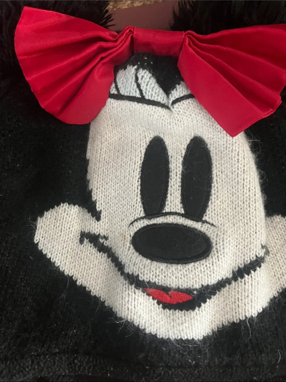 Disney Black Knit Minnie Mouse Earflap Hat with Red Bow